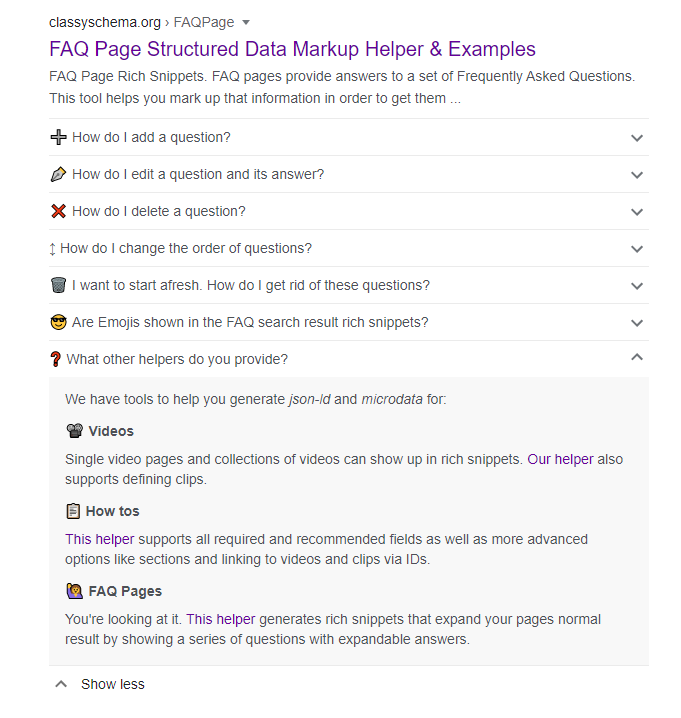 FAQ page rich snippet in a Google search result