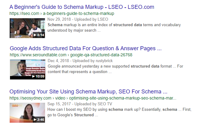 Video rich snippet in a Google search result